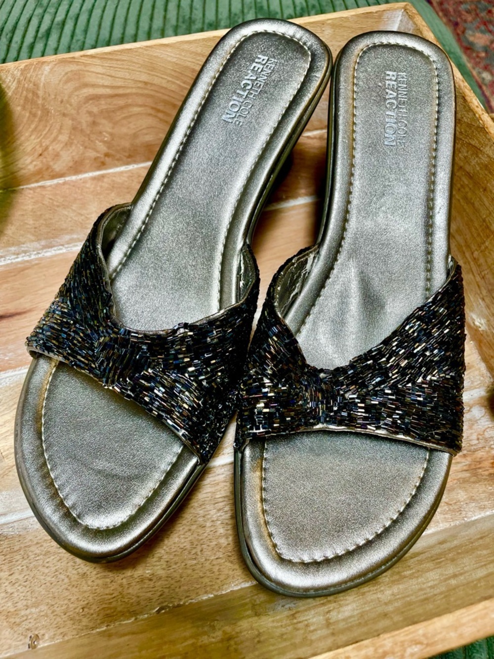 Kenneth Cole Gunmetal Beaded Slide Mules - Fun and Classy